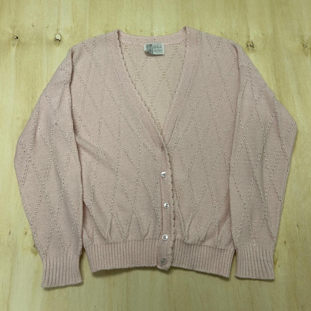 Vintage Billie Jo Cardigan Sweater Womens Medium Pink V Neck Open-Knit Button